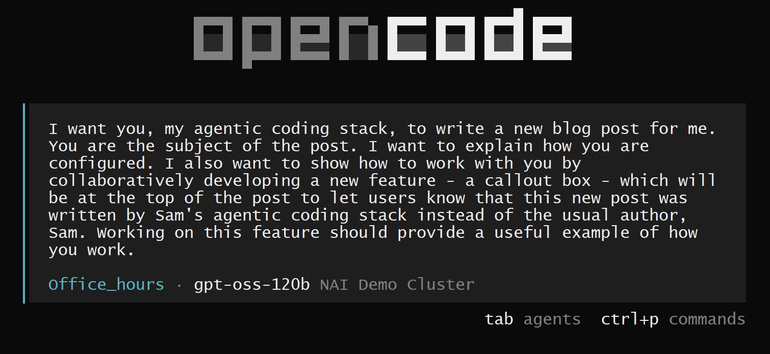 Opencode chat UI showing the first prompt to the office-hours agent
