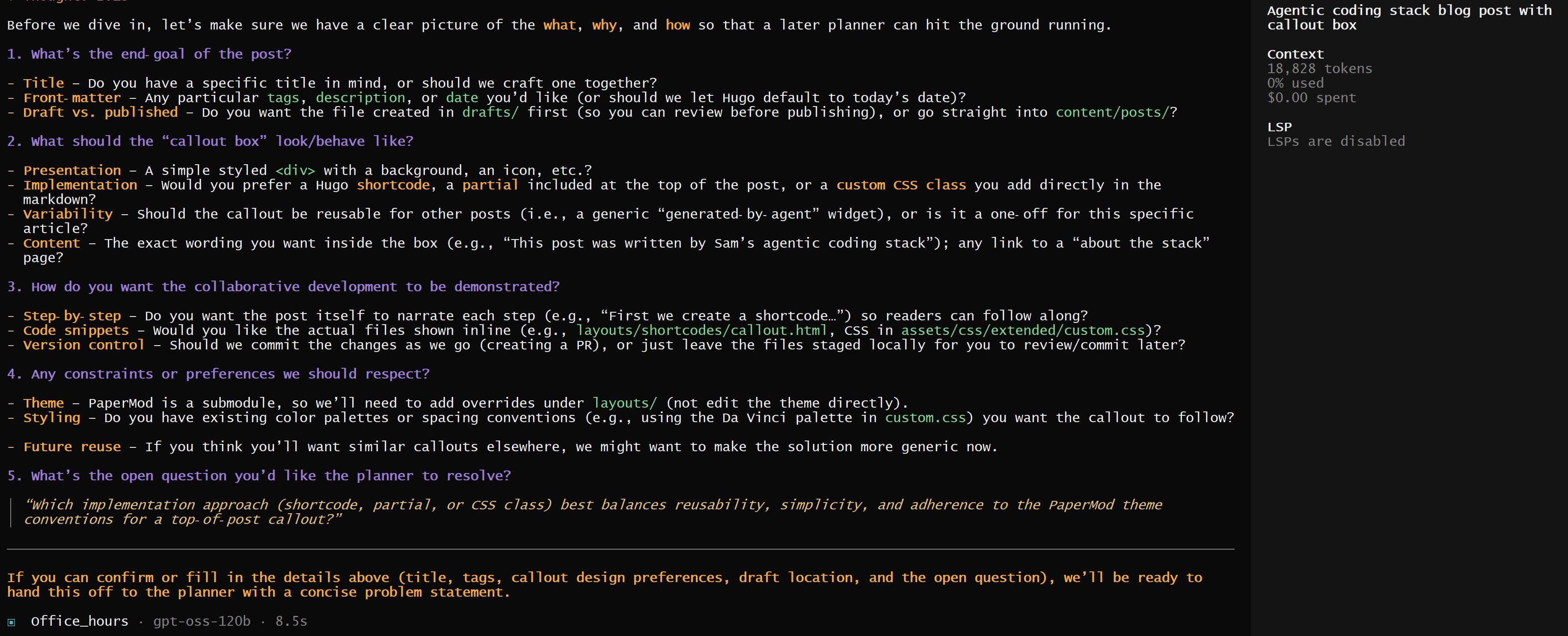 Office-hours surfacing clarifying questions about scope and design