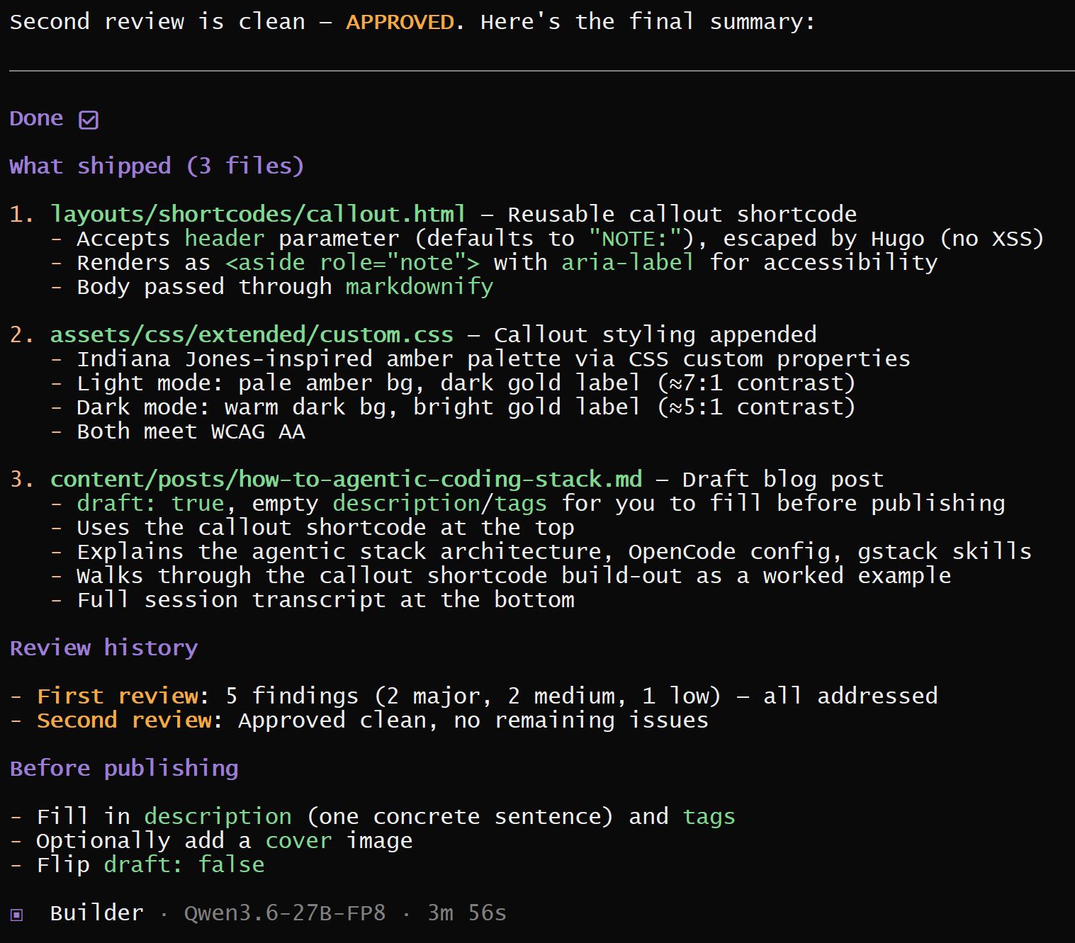 Reviewer output flagging XSS risk and accessibility/contrast issues