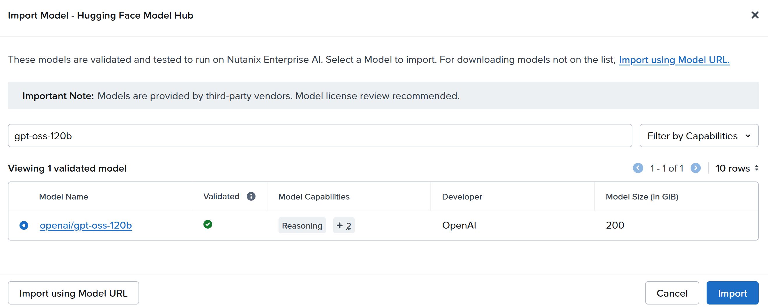 Image of validated model catalog search for gpt-oss-120b
