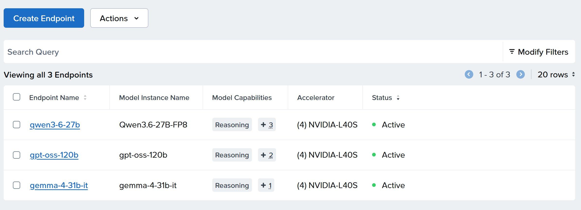 NAI dashboard showing three active inference endpoints